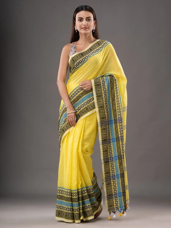 Handloom Woven Border Begampuri Work Saree - Yellow
