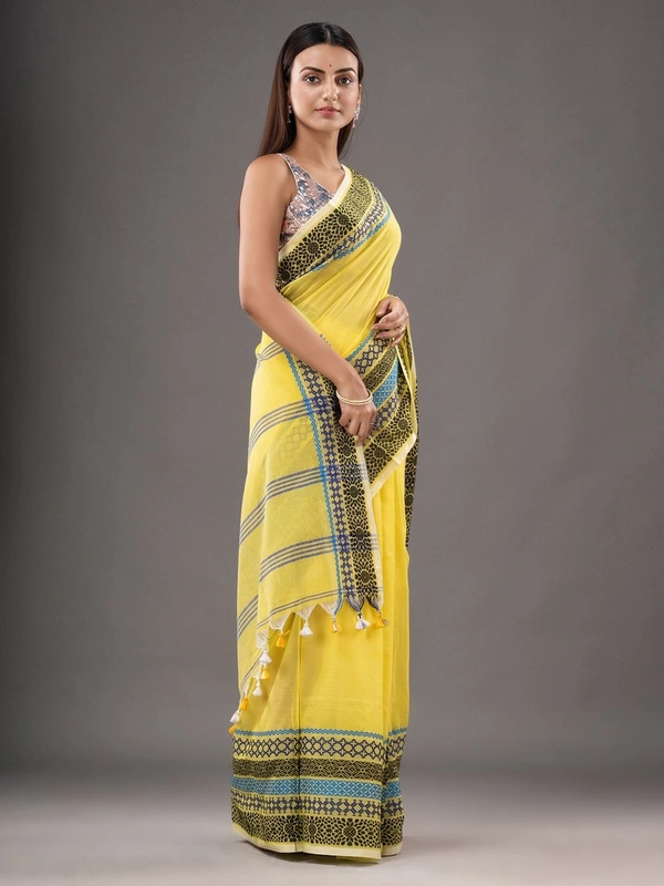 Handloom Woven Border Begampuri Work Saree - Yellow
