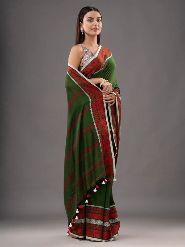 Handloom Woven Border Begampuri Work Saree - Cardin Green