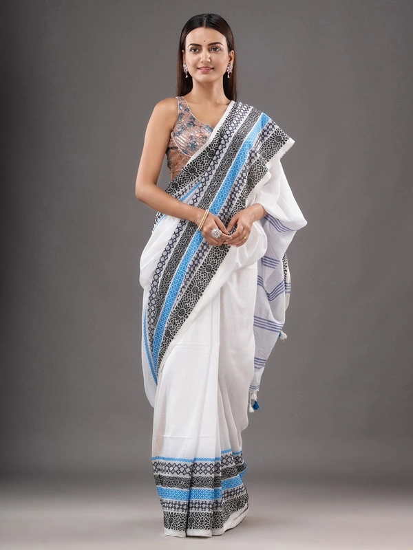 Handloom Woven Border Begampuri Work Saree - White