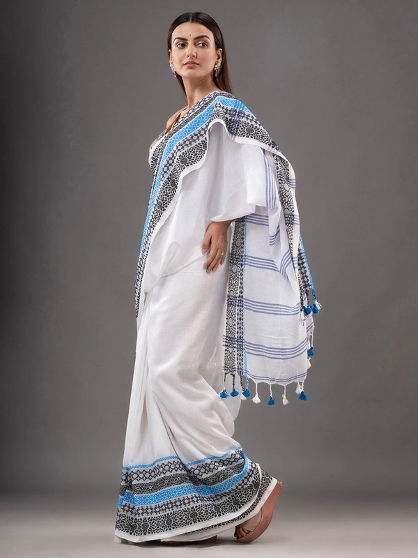 Handloom Woven Border Begampuri Work Saree - White