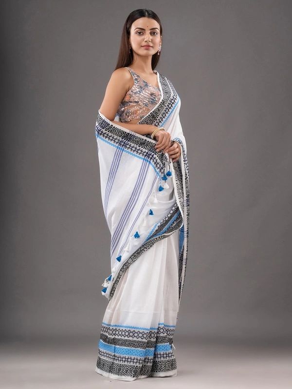 Handloom Woven Border Begampuri Work Saree - White