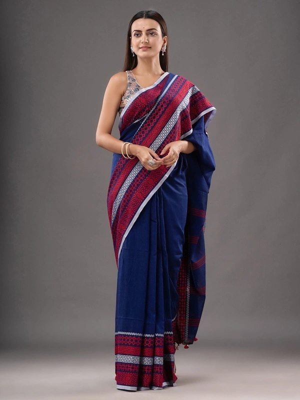 Handloom Woven Border Begampuri Work Saree - Blue