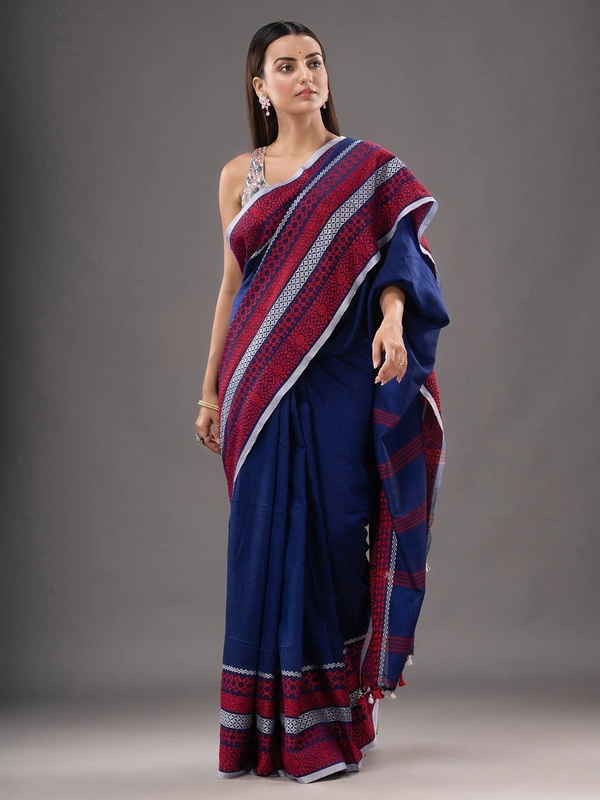 Handloom Woven Border Begampuri Work Saree - Blue