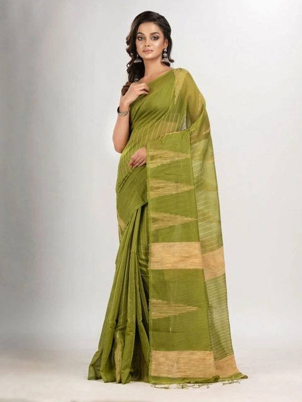 Handloom Temple Gichha Border Saree - Olive
