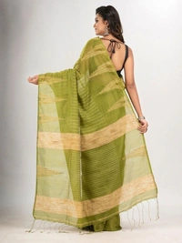 Handloom Temple Gichha Border Saree - Olive