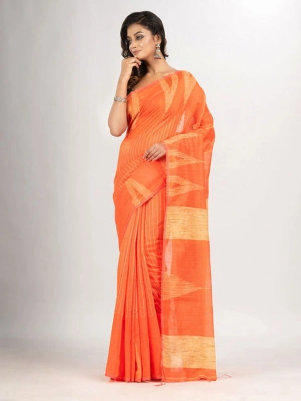 Handloom Temple Gichha Border Saree - Web Orange