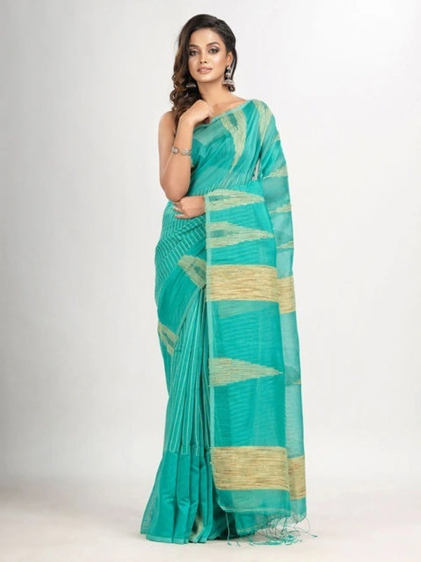 Handloom Temple Gichha Border Saree - Sea Green