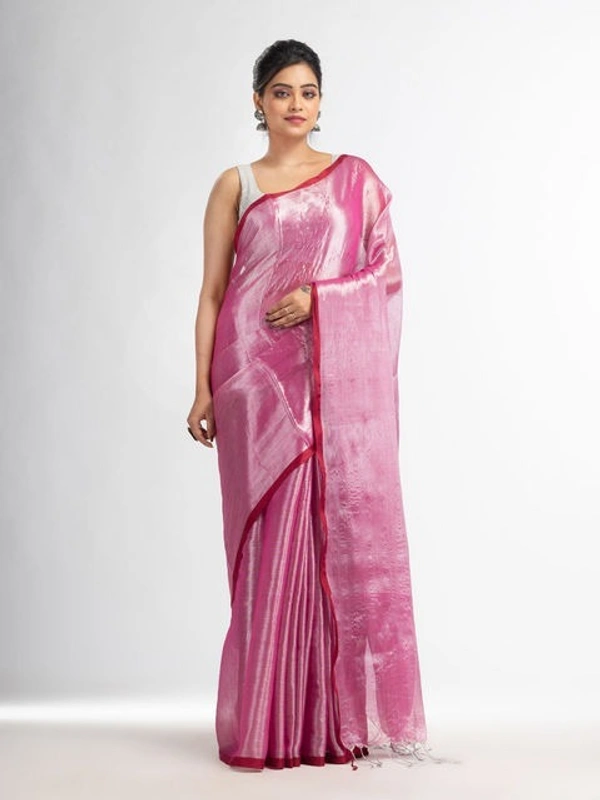 Handloome Duel Tone Tissue Cotton Saree - Magenta / Fuchsia, Tissue Cotton, Med