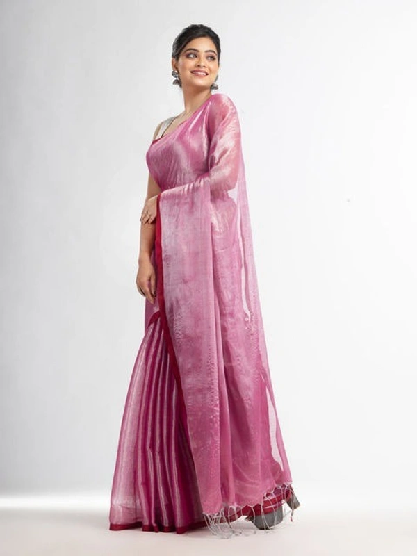 Handloome Duel Tone Tissue Cotton Saree - Magenta / Fuchsia, Tissue Cotton, Med