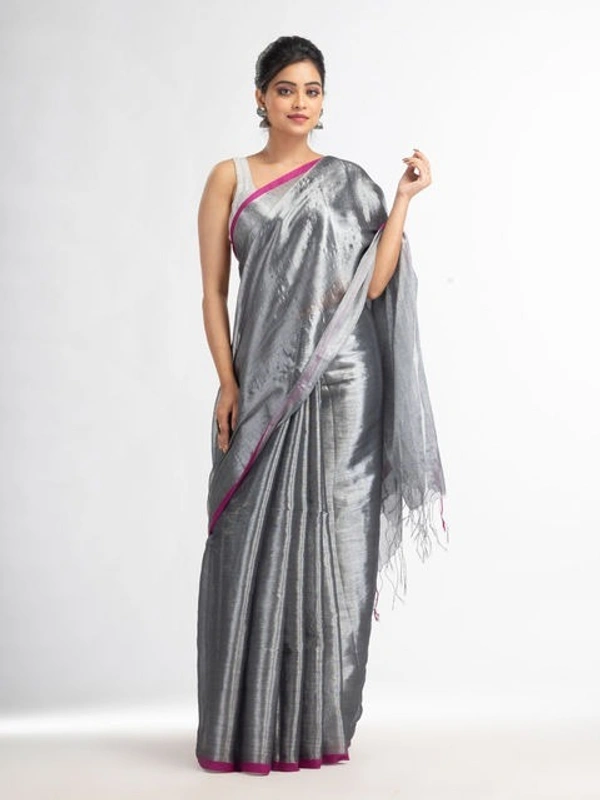 Handloome Duel Tone Tissue Cotton Saree - Silver, Tissue Cotton, Med
