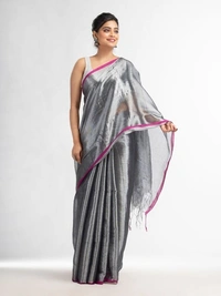 Handloome Duel Tone Tissue Cotton Saree - Silver, Tissue Cotton, Med