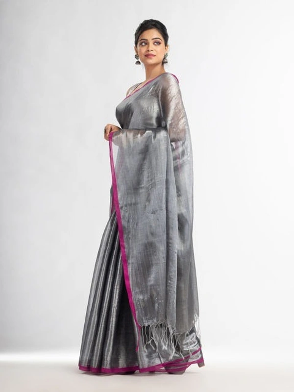 Handloome Duel Tone Tissue Cotton Saree - Silver, Tissue Cotton, Med
