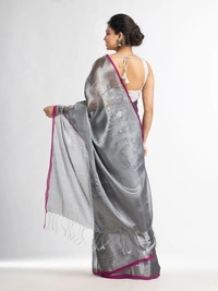 Handloome Duel Tone Tissue Cotton Saree - Silver, Tissue Cotton, Med