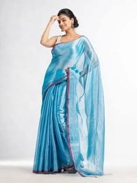Handloome Duel Tone Tissue Cotton Saree - Seagull, Tissue Cotton, Med