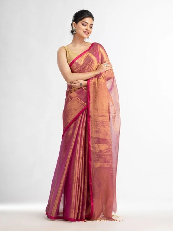 Handloome Duel Tone Tissue Cotton Saree - Brown, Tissue Cotton, Med