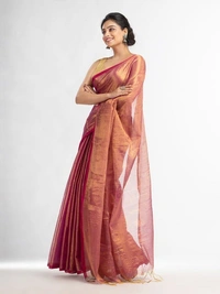 Handloome Duel Tone Tissue Cotton Saree - Brown, Tissue Cotton, Med