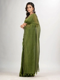 Handloome Duel Tone Cotton Saree - Olive, Cotton