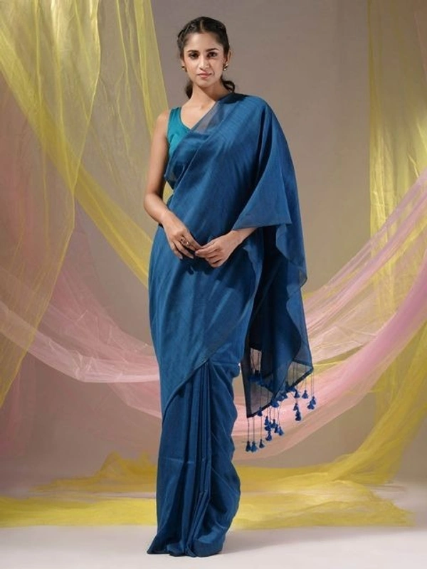 Handloom Solid Color Contrast Long Tassel Saree - Navy Blue, Cotton (CK)
