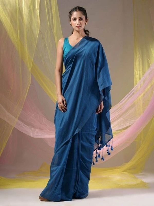Handloom Solid Color Contrast Long Tassel Saree - Navy Blue, Cotton (CK)