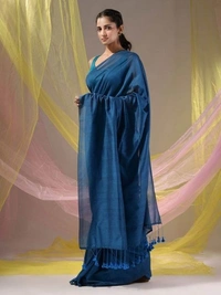 Handloom Solid Color Contrast Long Tassel Saree - Navy Blue, Cotton (CK)
