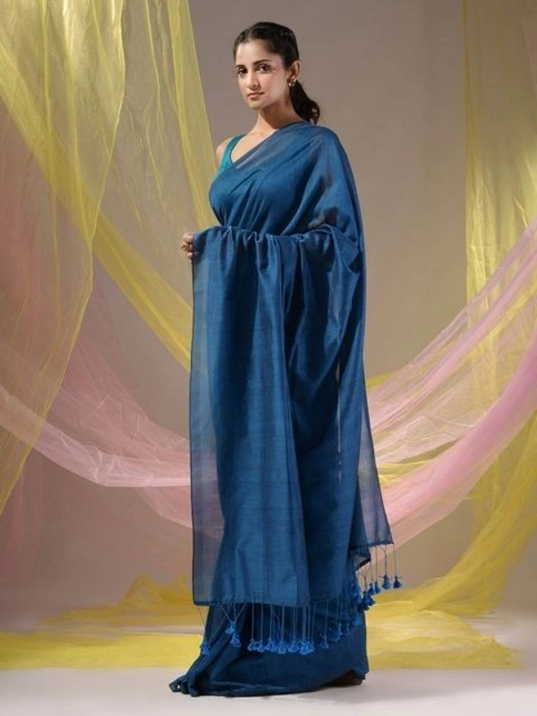 Handloom Solid Color Contrast Long Tassel Saree - Navy Blue, Cotton (CK)