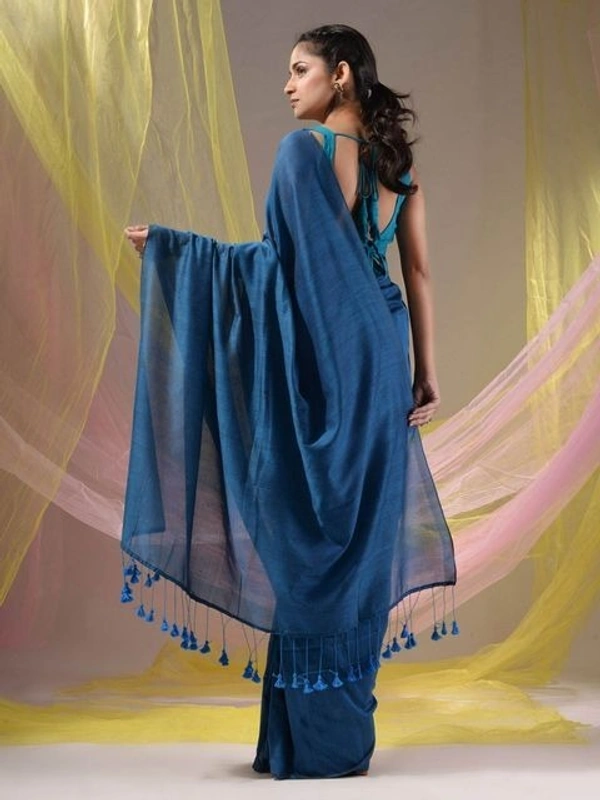 Handloom Solid Color Contrast Long Tassel Saree - Navy Blue, Cotton (CK)