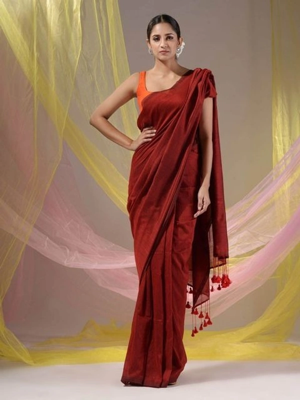 Handloom Solid Color Contrast Long Tassel Saree - Brown, Cotton (CK)