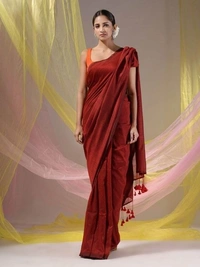 Handloom Solid Color Contrast Long Tassel Saree - Brown, Cotton (CK)