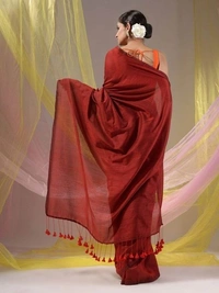 Handloom Solid Color Contrast Long Tassel Saree - Brown, Cotton (CK)