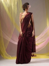 Handloom Solid Color Contrast Long Tassel Saree - Maroon, Cotton (CK)