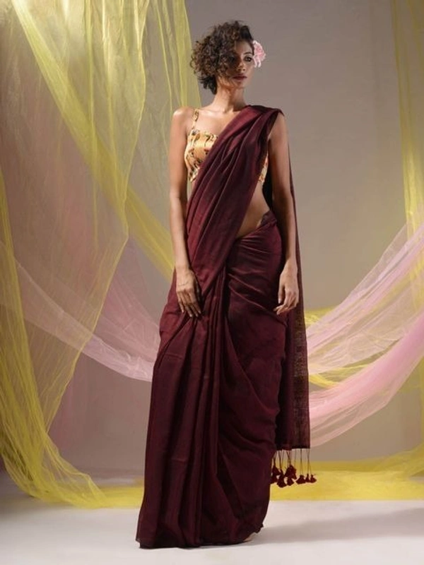 Handloom Solid Color Contrast Long Tassel Saree - Maroon, Cotton (CK)