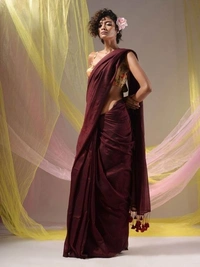 Handloom Solid Color Contrast Long Tassel Saree - Maroon, Cotton (CK)