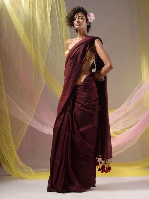 Handloom Solid Color Contrast Long Tassel Saree - Maroon, Cotton (CK)