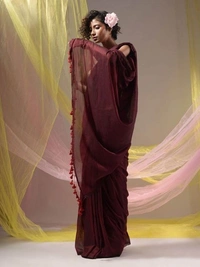 Handloom Solid Color Contrast Long Tassel Saree - Maroon, Cotton (CK)