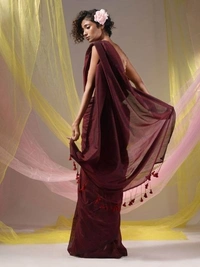 Handloom Solid Color Contrast Long Tassel Saree - Maroon, Cotton (CK)