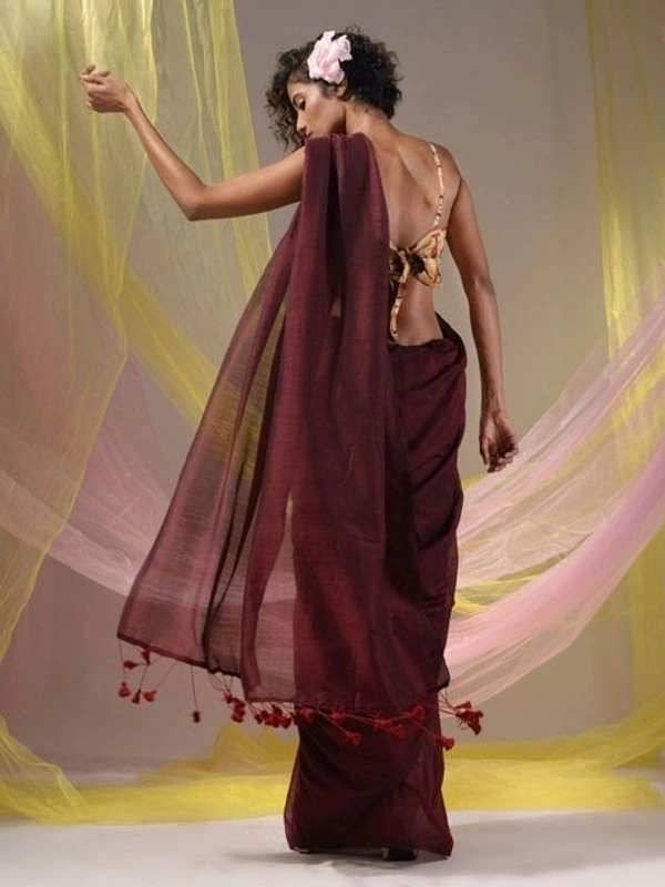Handloom Solid Color Contrast Long Tassel Saree - Maroon, Cotton (CK)