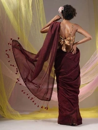 Handloom Solid Color Contrast Long Tassel Saree - Maroon, Cotton (CK)