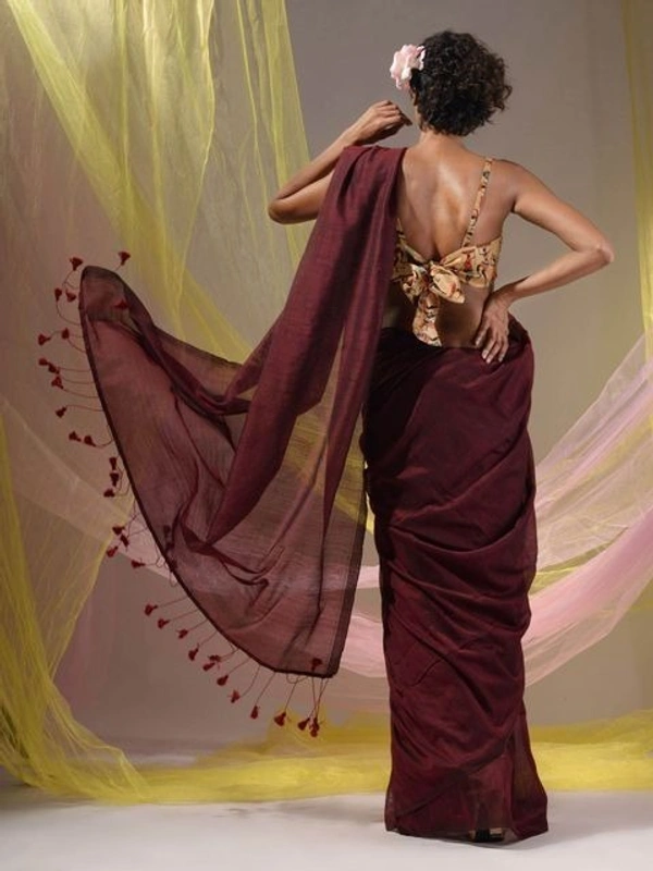 Handloom Solid Color Contrast Long Tassel Saree - Maroon, Cotton (CK)