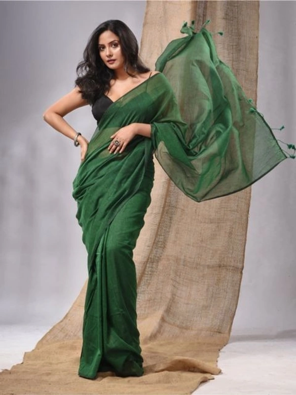 Handloom Solid Color Contrast Long Tassel Saree - Cardin Green, Cotton (CK)