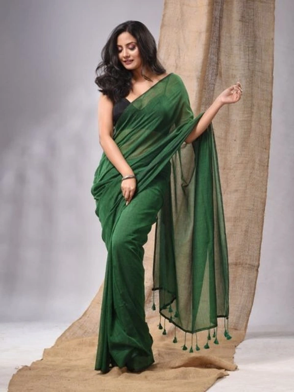 Handloom Solid Color Contrast Long Tassel Saree - Cardin Green, Cotton (CK)