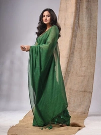 Handloom Solid Color Contrast Long Tassel Saree - Cardin Green, Cotton (CK)