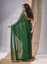 Handloom Solid Color Contrast Long Tassel Saree - Cardin Green, Cotton (CK)