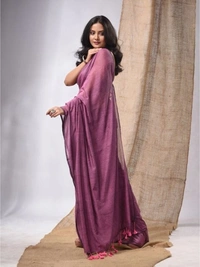 Handloom Solid Color Contrast Long Tassel Saree - Flirt, Cotton (CK)