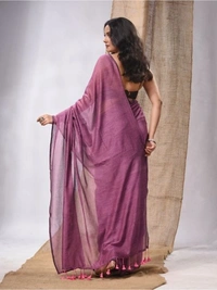 Handloom Solid Color Contrast Long Tassel Saree - Flirt, Cotton (CK)
