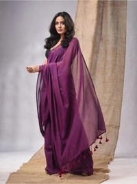 Handloom Solid Color Contrast Long Tassel Saree - Revolver, Cotton (CK)