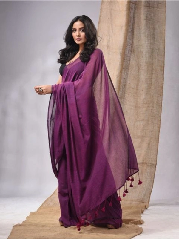 Handloom Solid Color Contrast Long Tassel Saree - Revolver, Cotton (CK)