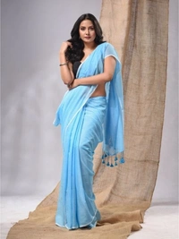 Handloom Solid Color Contrast Long Tassel Saree - Seagull, Cotton (CK)