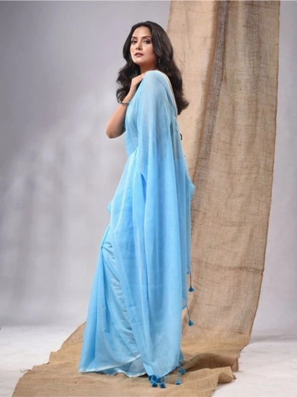 Handloom Solid Color Contrast Long Tassel Saree - Seagull, Cotton (CK)
