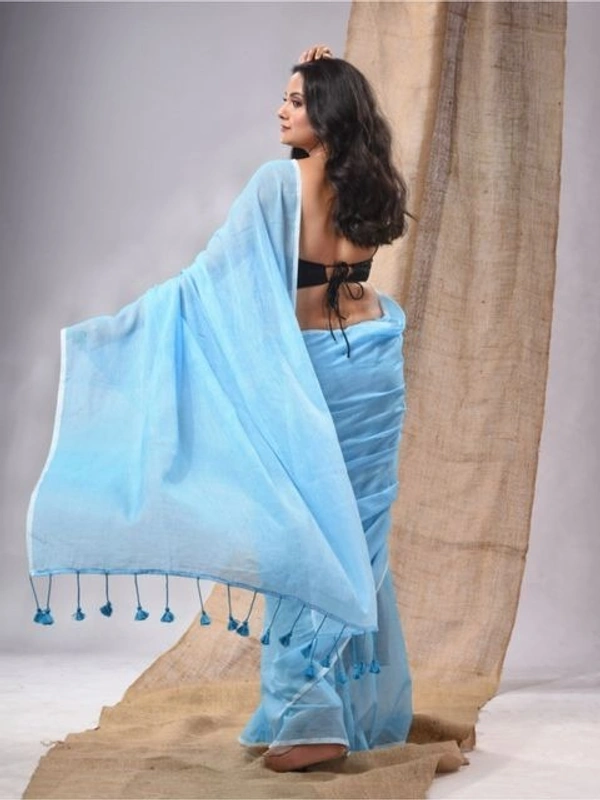 Handloom Solid Color Contrast Long Tassel Saree - Seagull, Cotton (CK)
